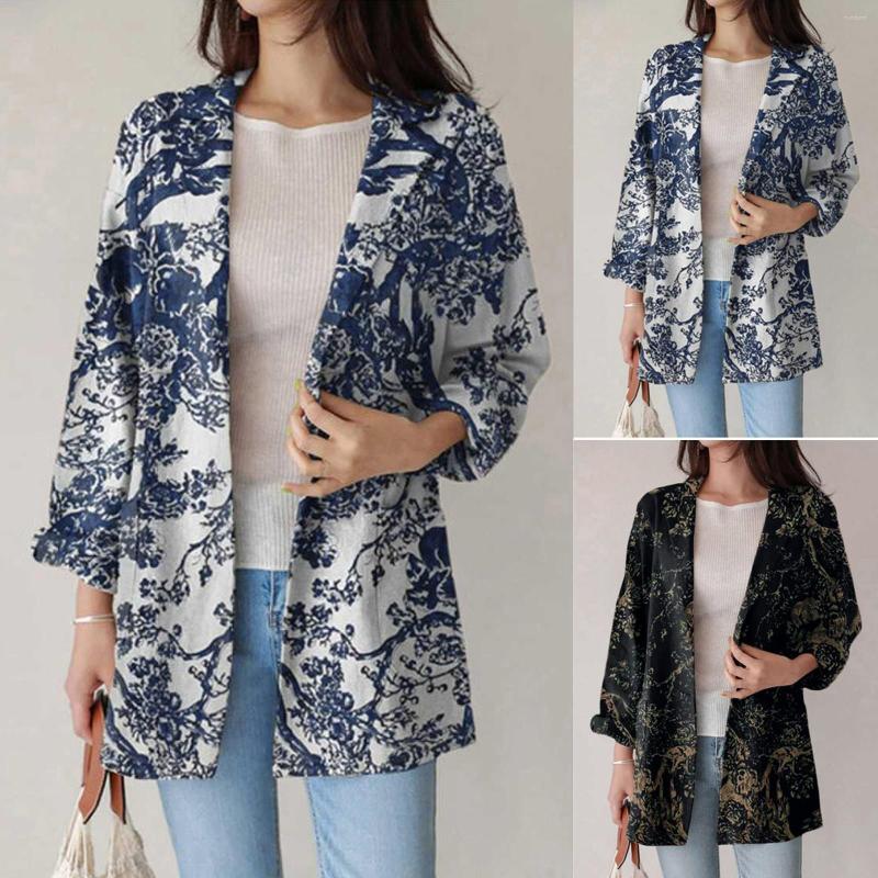 

Women' Suits Women Fashion Boho Print Open Front Long Sleeve Pocket Suit Blazers Button Linen Outerwear Coat, Black