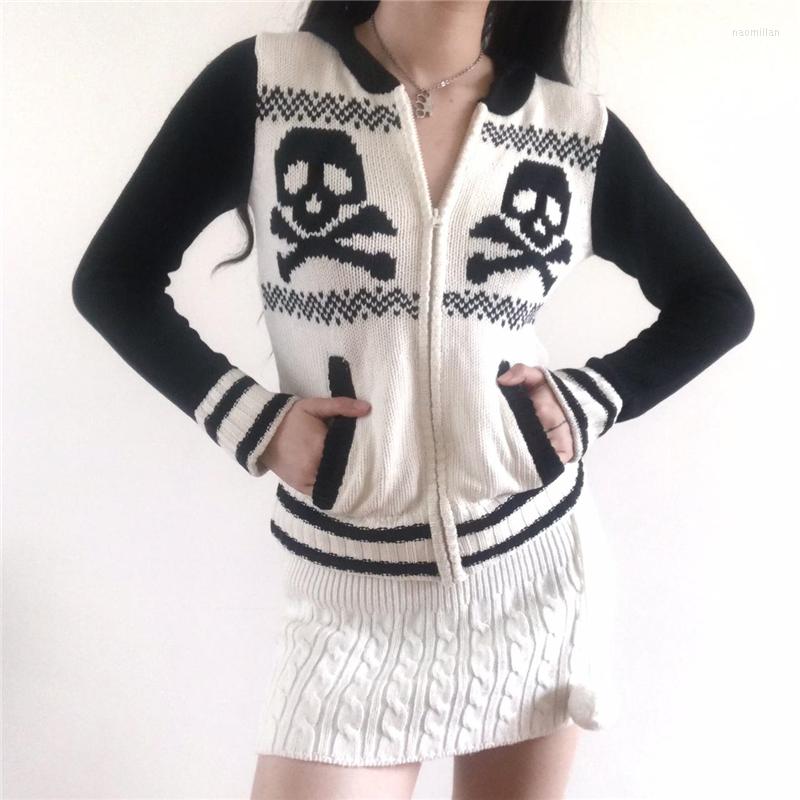 

Women' Knits Xingqing Skull Sweater Knit Aesthetic Fairycore Grunge Zipper Long Sleeve Tops Y2k Women Crochet Clothes Punk Gothic Knitwear, As photo shows