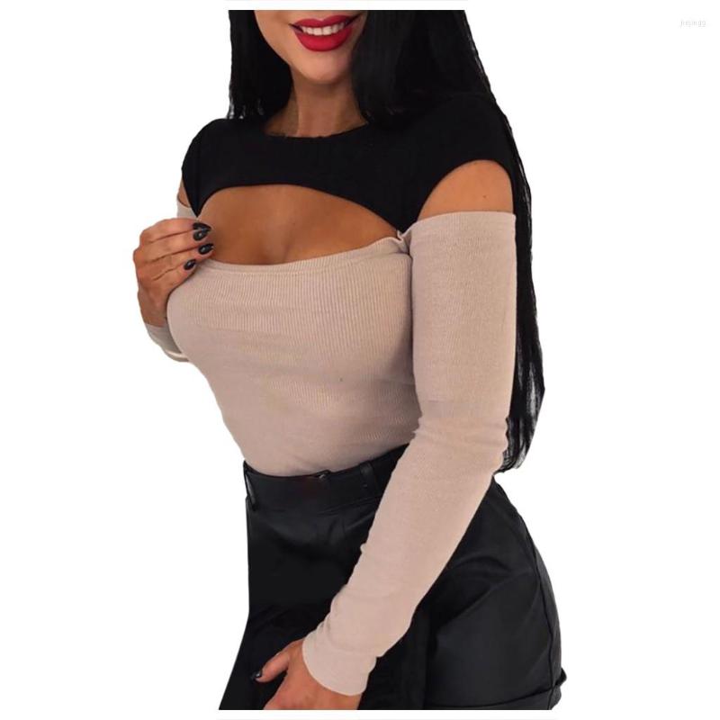 

Women's T Shirts Womens O-Neck Long Sleeve Solid Color Hollow Out Splice Casual Blouse Tops Slim Fit Simple Style Mujer Camisetas, Khaki