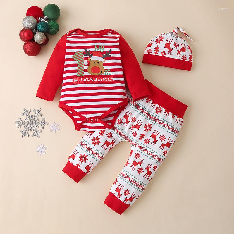 

Clothing Sets Baby Girls Boy My First Christmas Deer Print Outfits Xmas Romper Hat Pant Suit Fashion Kid Clothes 3PCS, C2