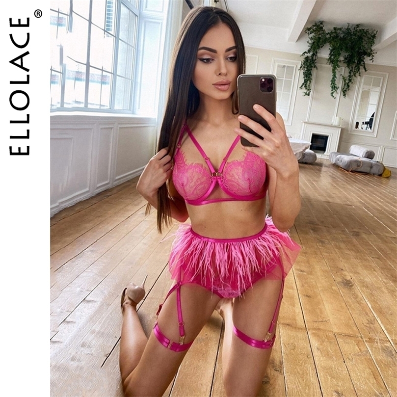 

Sexy Set Ellolace Fancy Feather Lingerie 3Pieces Sensual Underwear Lace Underwire Bra Ruffle Garters Transparent Beautiful Bilizna Set 221010, Black