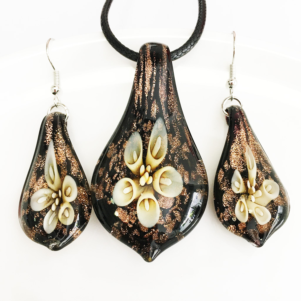 

1 Set Handmade Necklace Earring Murano Glass Yellow Flower Water Drop Pendant Ethnic Style Clavicle Chain Jewelry, Orange