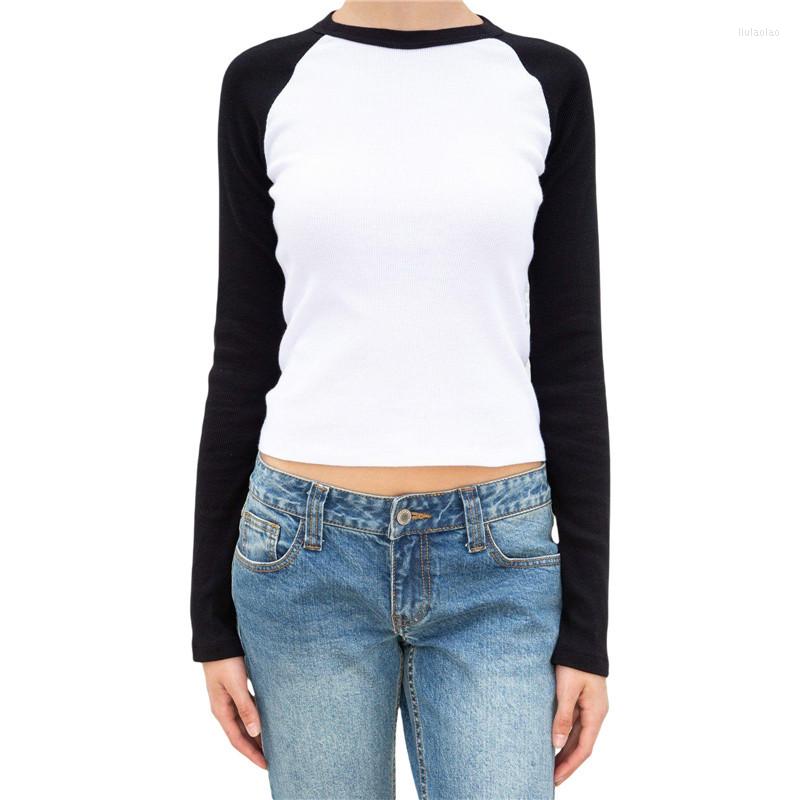 

Women' T Shirts Female Casual Pullover Contrast Color Crew Neck Long Raglan Sleeve Close-Fitting Tops For Spring Fall Ladies Slim Fit