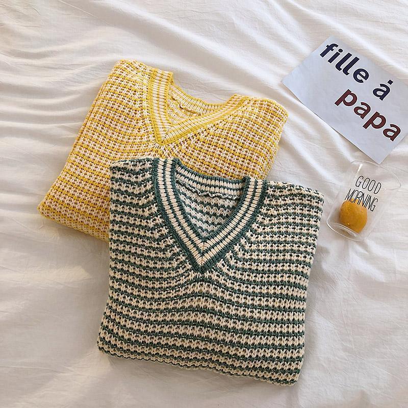 

Women's Sweaters Women's Women Pull Vintage Sweataer Autumn Winter V Neck Striped Pullover Ladies Casual Korean Style Knitted Top