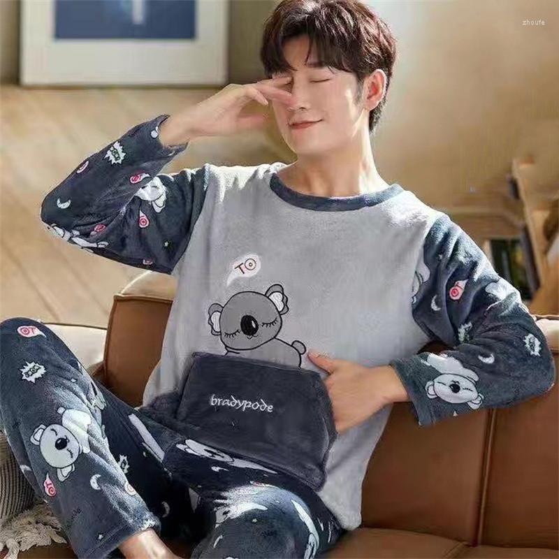

Men's Sleepwear Pajamas Set Man Casual Thick Flannel Cartoon Full Length Pyjama Women's Winter Warm Fashion Homewear Big Siz