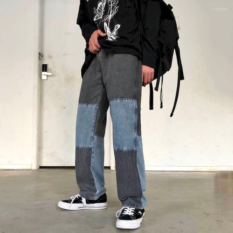

Men's Jeans Autumn Spring Fashion Men's Straight Pants Vintage Patchworked Wide Leg Loose High Waist Trousers BF, Black