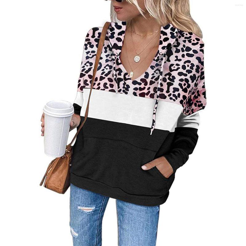 

Women' Sweaters Streetwear Leopard And Camouflage Hoodies Drawstring Hood Patchwork Sweatshirts Casual With Pockets Casacos, Black