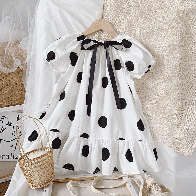 

Girl Dresses Back Bowknot Casual All-match Princess Dress For Kids Korean Style Summer Cute Dot Puff Sleeve Girls