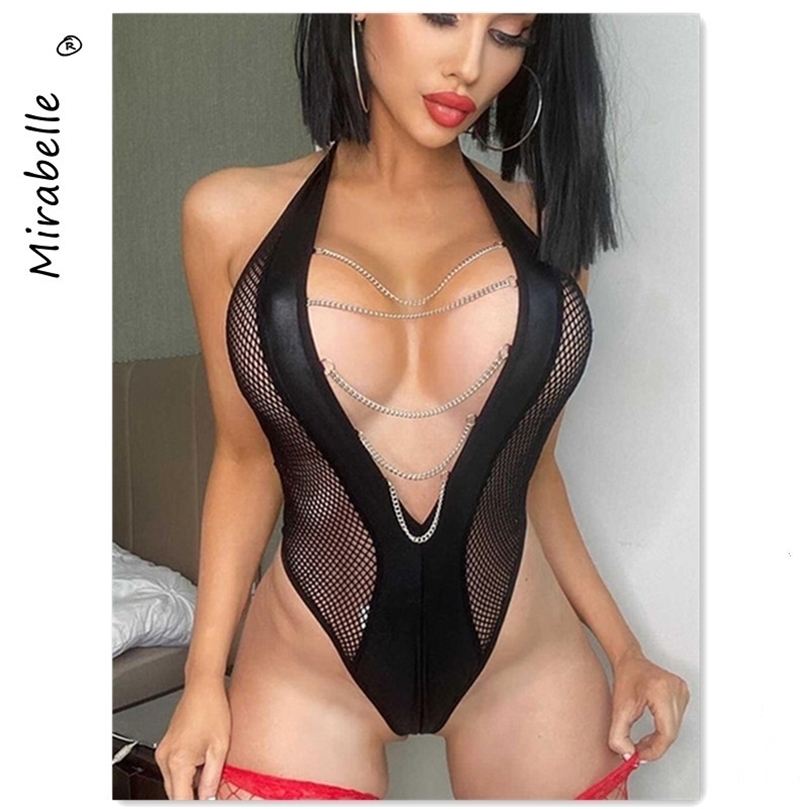 

Sexy Pyjamas MIRABELLE Sexy Lingerie Deep V Porno Mesh Body See Through Halter Bodysuit Women Metal Chain Exotic Sets Erotic Costumes 221010, Black