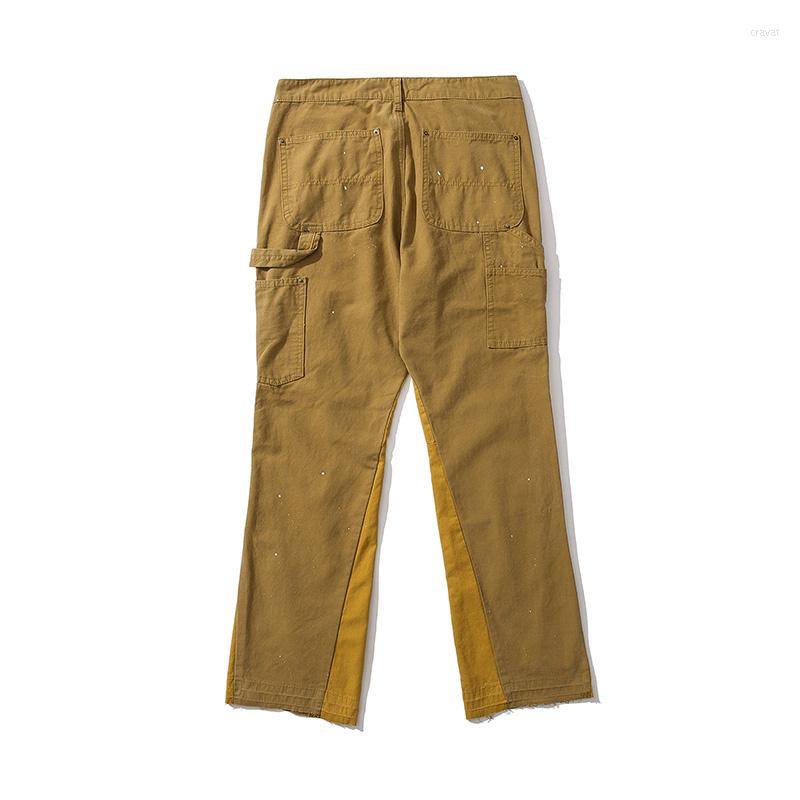 

Men's Jeans Vintage Distressed Painted Flare Denim Men Urban Streetwear Patchwork Hip Hop Splash Ink Graffiti Micro Flared Pants, Khaki