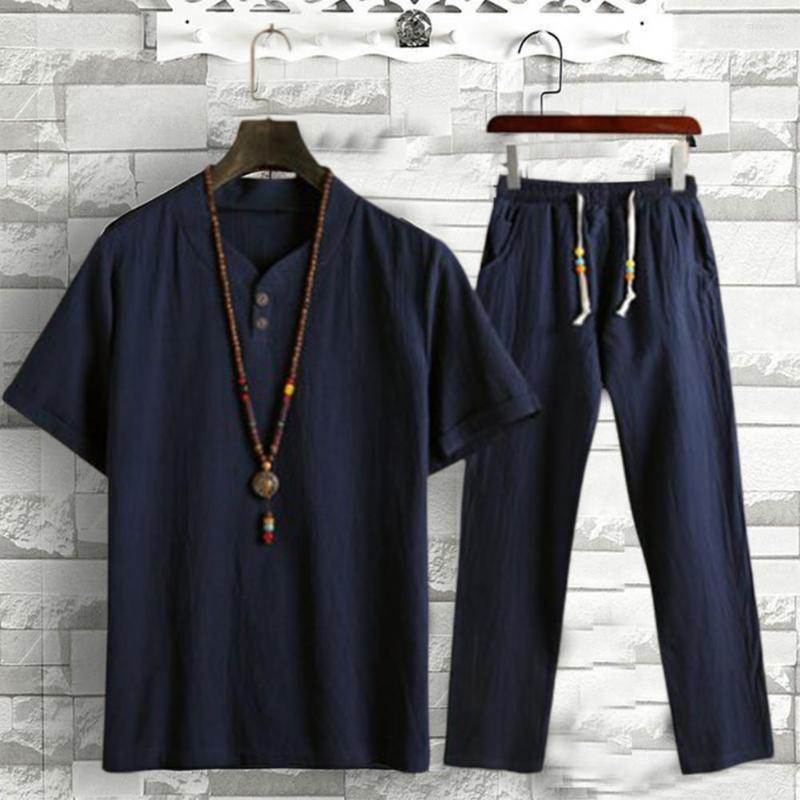 

Men's Tracksuits 2Pcs/Set Summer Men's Suit Elastic Waistband Pleated Casual Outfit Men Business Short Sleeve Shirts Long Pants Set Male, Light grey