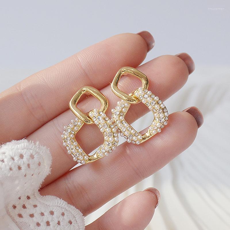 

Dangle Earrings & Chandelier Korean Trendy Gold Color Imitation Pearls Women Bling Zircon Geometry Drop Wedding Jelwery For BridalDangle