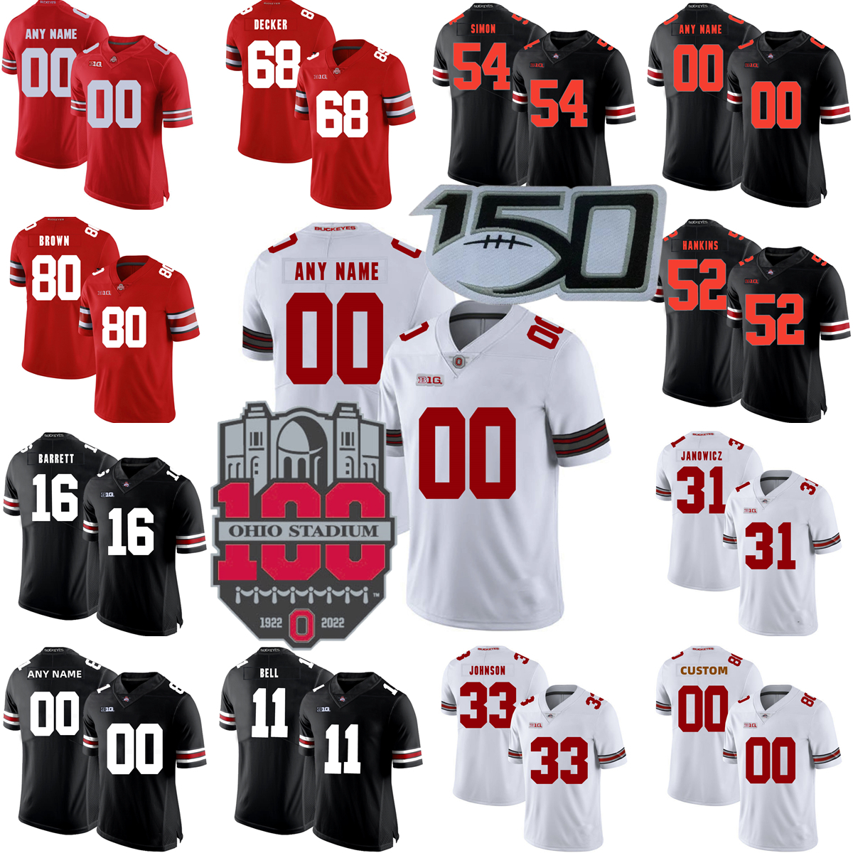

Custom S- NCAA College Ohio State Buckeyes Football Jerseys 44 J.T. Tuimoloau 33 Jack Sawyer 4 Julian Fleming 77 Paris Johnson Jr. 11, Black with 100th patch
