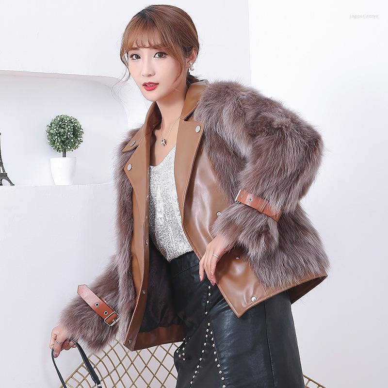 

Women's Fur Jacket Luxury Fashion Warm Whole Leather White Raccoon Motorcycle Short Coat Women, Black
