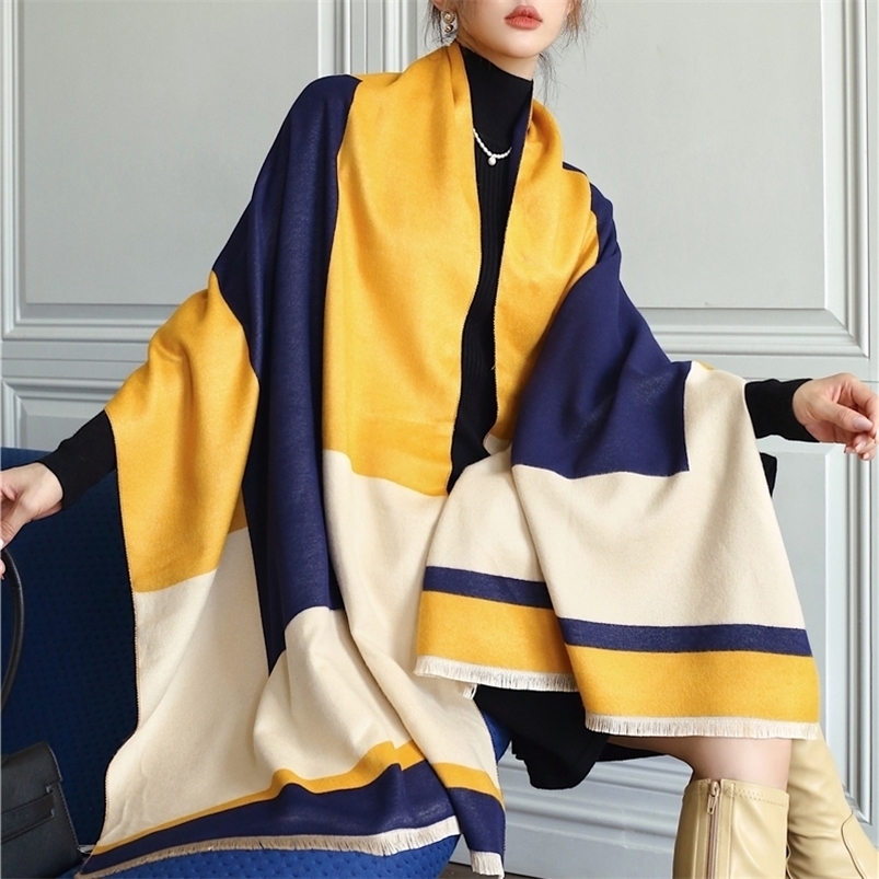 

Scarves Thick Winter Warm Cashmere Pashmina Shawl Women Scarf Solider Geometric Splice with Tassel Female Foulard Stoles Poncho Echarpe 221010