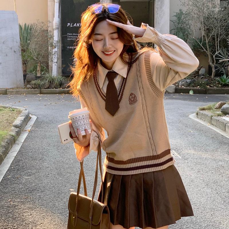 

Work Dresses Two Piece Sets Womens Outifits Sweet British JK Uniform Vest Shirt Pleated Skirts Solid Womans Clothes For 2022 Autumn Skirt