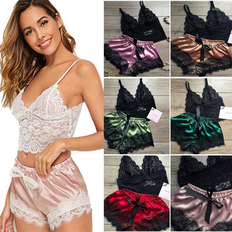 

Men' Sleepwear 2022 Summer Sexy Women' Pajamas Solid Lace Silk Suspenders Two-piece Home Suit Underwear Nightdress Clothes, 01