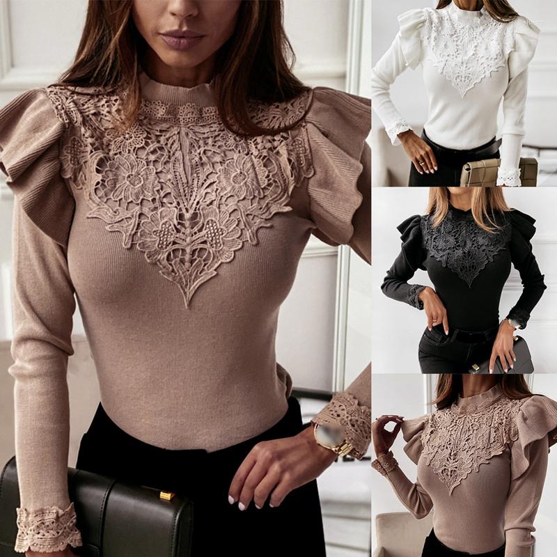 

Women' T Shirts Women Long Sleeve Tops Sexy Lace Embroidery Autumn Winter Ladies Basic Solid Casual Knitted Shirt, Beige