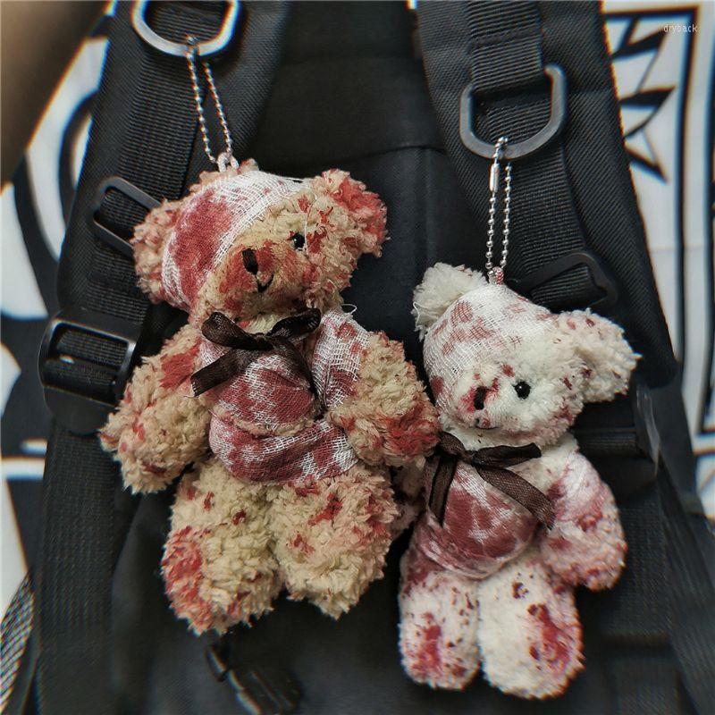 

Keychains Punk Bloody Plush Bear Keychain Halloween Injured Animal Doll Key Ring For Bags Creative Fashion Cool Car Accessories Pendant