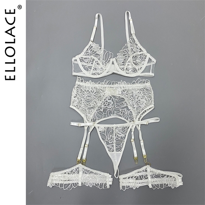 

Sexy Set Ellolace Sexy Lingerie Floral Embroidery Erotic Underwear Brief Sets with Garters Transparent Underwire Bra Short Skin Care Kits 221010, White