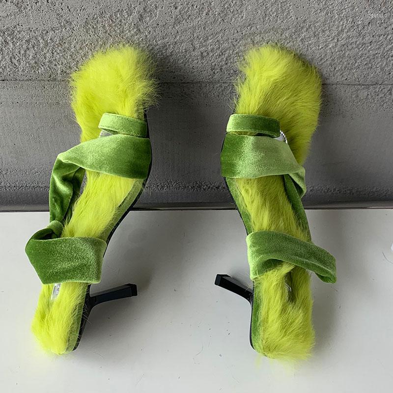 

Dress Shoes Women High Heels Sandals 2022 Furry Fashion Korean Style Square Toe Slippers Female Slides Outside Ladies Plush Pumps, Black