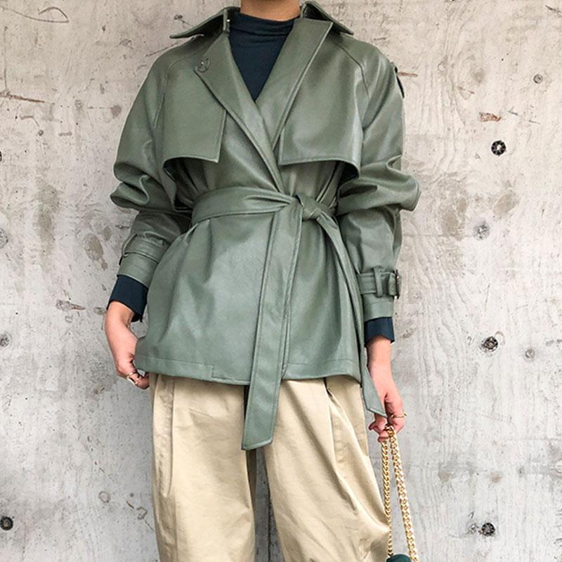

Women' Leather Aibeautyer 2022 Spring Casual Female Streetwear Outwear Jacke Twith Belt Coat Autumn Women Faux PU, Green