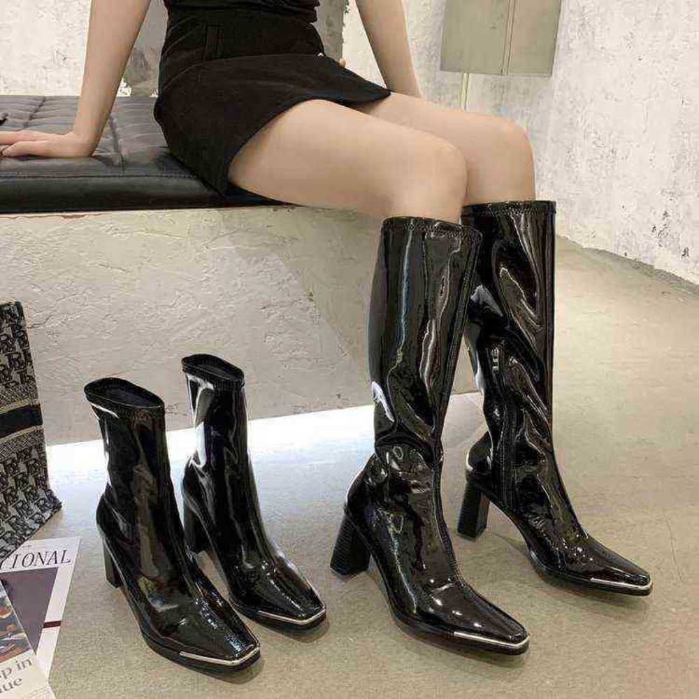 

Nxy Autumn And Winter New Medium Women Boots Metal Square Head Elastic Thin Patent Leather Black Single Thick Heel Plush Short Woman Shoes 220525, Black (short tube)