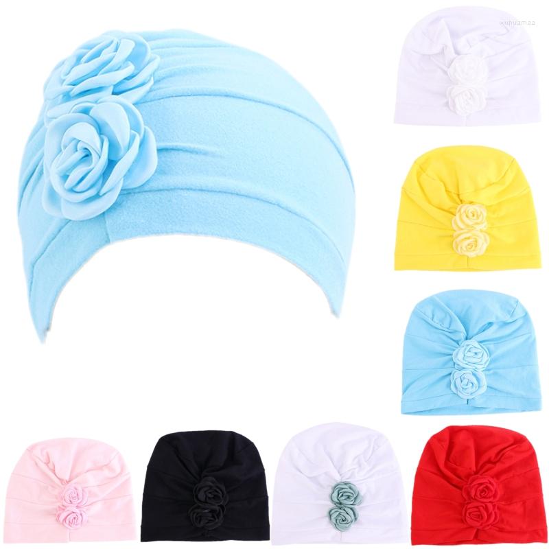 

Hats Spring Autumn Children Girl Hat With Big Flower Soft Warm Headscarf Kids Bonnets Solid Color Toddler Turban Beanie Cap Cute, White2