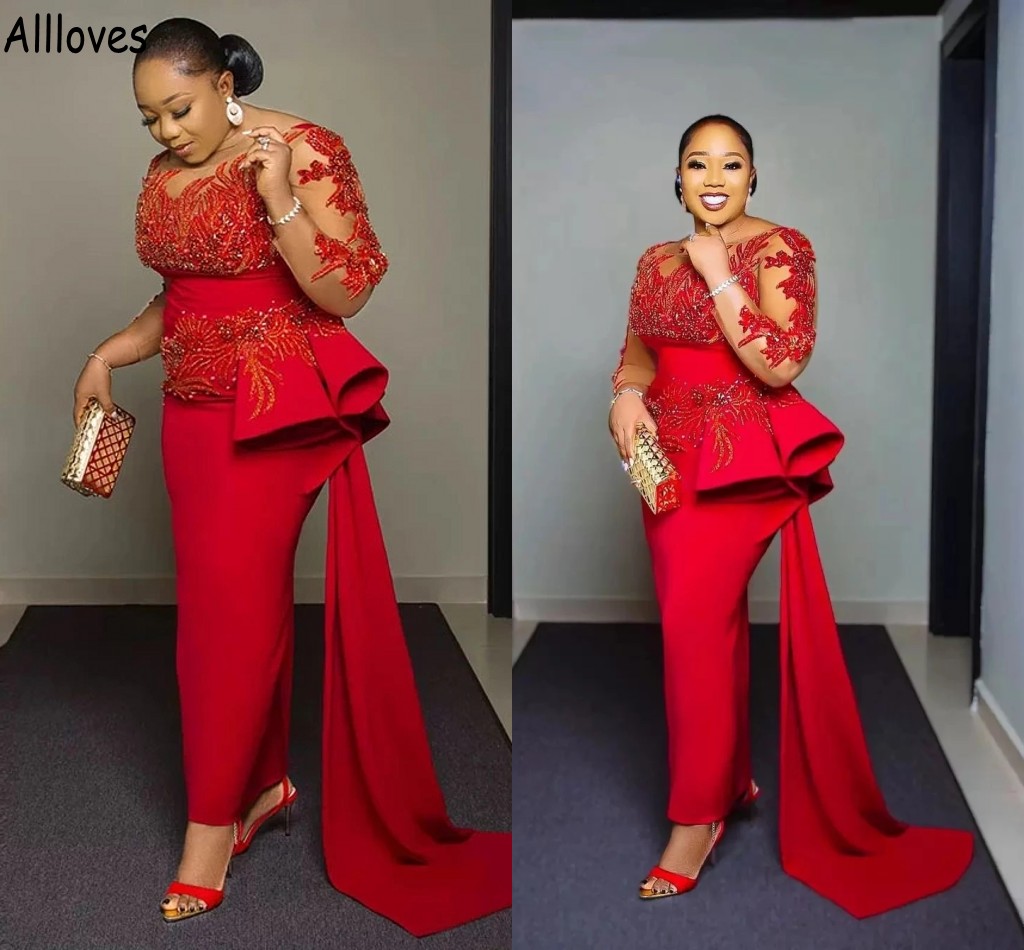 

Red Gorgeous African Prom Dresses Sequins Beaded Lace Long Sleeves Evening Celebrity Gowns With Peplum Ruched Satin Women Second Reception Engagement Dress CL1243, Hunter green