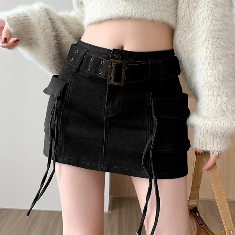 

Skirts American Safari Style Women's Jeans Short Skirt With Pockets Autumn High Waist Vintage BF Slim Denim Saias Camouflage Khaki, Coffee