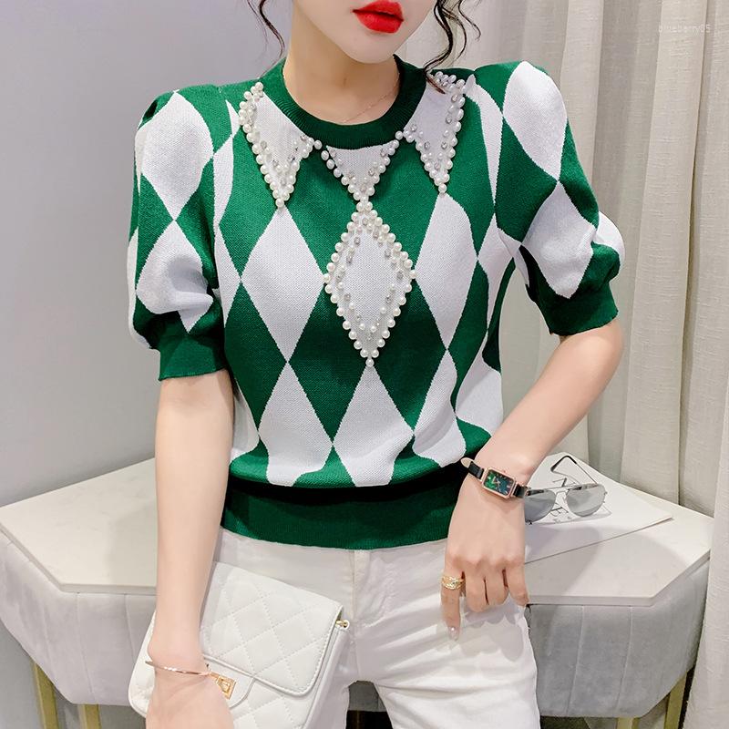 

Women' Sweaters 2022 Spring Colorblock Plaid Beaded Round Neck Short-sleeved T-shirt Women' Knitted Sweater Slim Design Top, Black