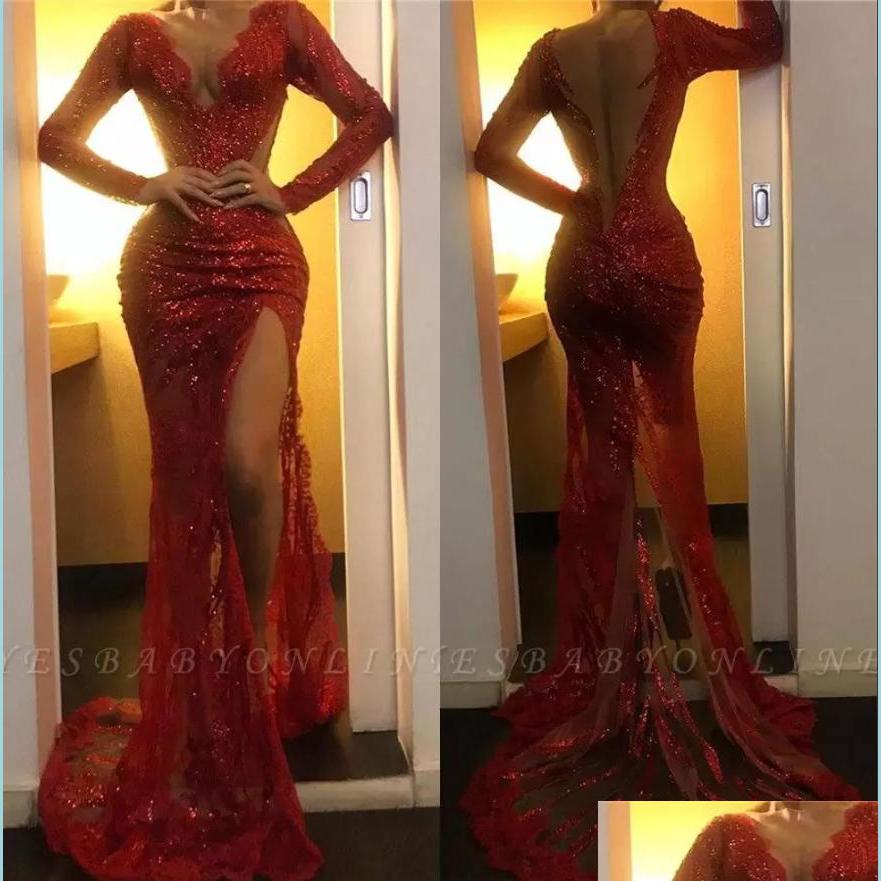 

Prom Dresses Sparkling Red Sheer V Neck Sequins High Split Mermaid Prom Dresses Long Sleeve Tle Applique Sweep Train For Bridegroomdh Dhvmy, Pink