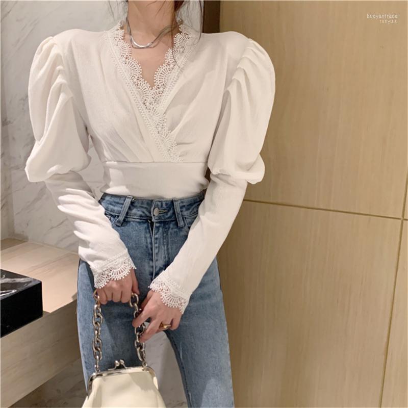 

Women's Blouses Women's & Shirts Alien Women Lace Puff Sleeve V-Neck Bottoming 2022 Slim Patchwork OL Autumn Stylish Elegant Tops, White