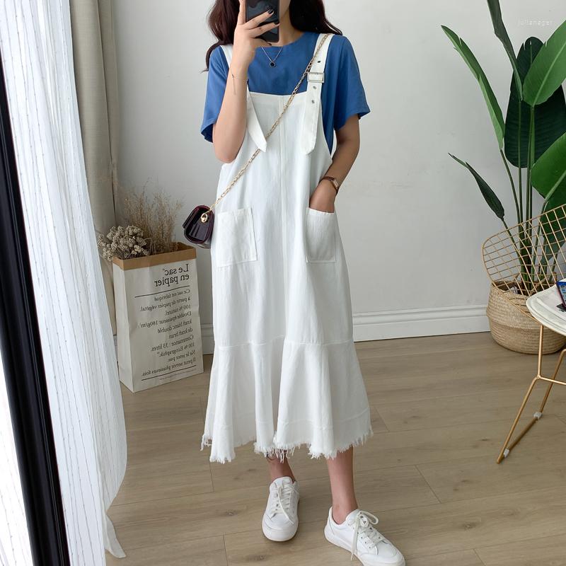 

Casual Dresses Women Dress Sundress Summer Fashion Loose Ruffles Tassel Overalls Woman Suspenders Denim Long, Blue