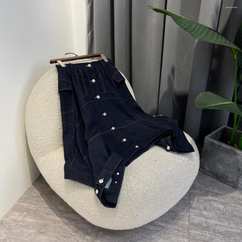 

Skirts 2022 Summer Unique Design Women Elegant Top Quality Cotton Solid Dark Blue Asymmetric Midi With Buttons