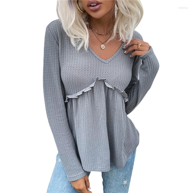 

Women' T Shirts Women Long Sleeve T-Shirt Solid Color Waffle-Knit V Neck Flounce Patchwork Basic Pullover Tops Ladies Casual Blouse, Gray