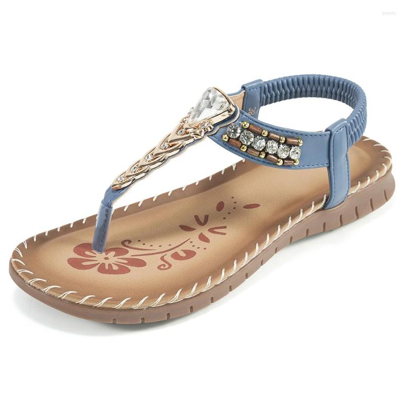 

Sandals Womens Summer Flats Rhinestone Beaded Elastic Ankle T-Strap Beach Sandal Walking Shoes Flip Flops, Beige