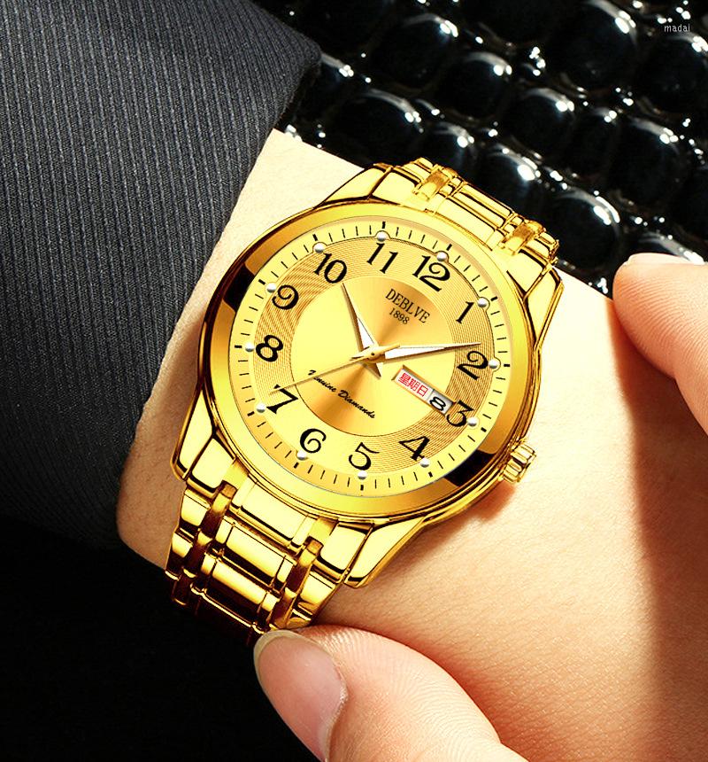 

Wristwatches Solid Steel Belt Scale Men Watches Band Fashion Luxury Luminous Quartz Watch For Man Dual Calendar Male Clock Reloj Hombre, Silver gold white
