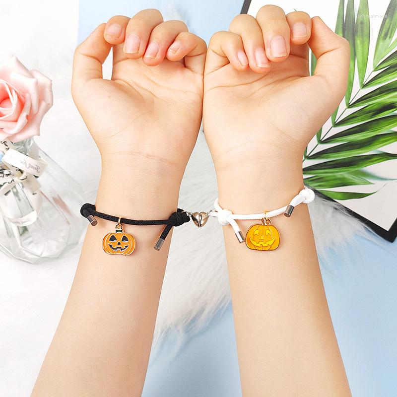 

Charm Bracelets Cute Pumpkin Pendant Magnet Attracts Bracelet Halloween Couple Zombie Rope Chain On Hand Jewelry Gift