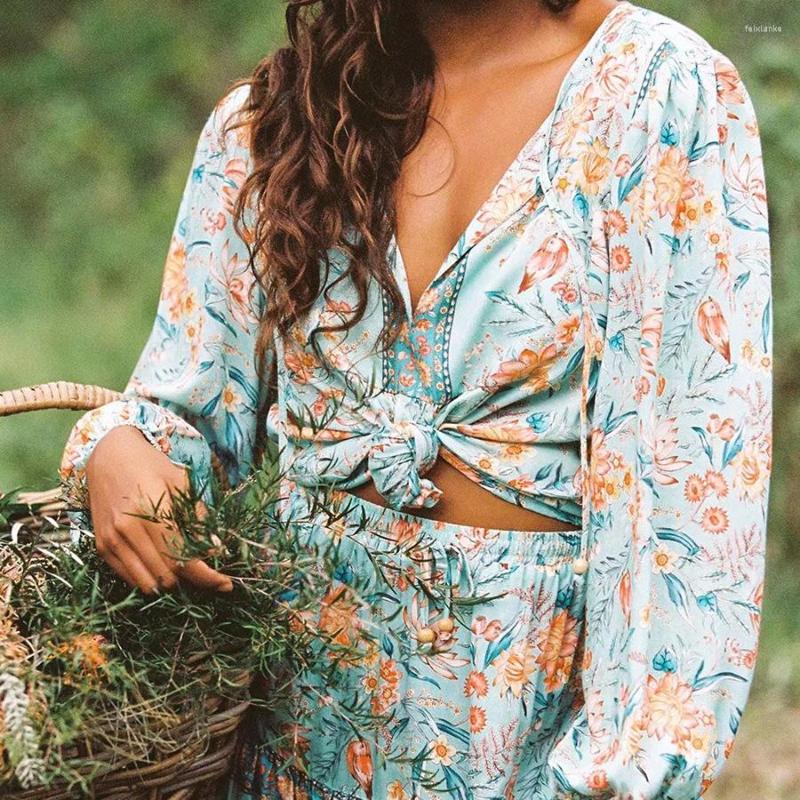 

Women' Blouses 2022 Early Spring Boho Floral Print Blouse Shirt Summer Blue V-neck Long Sleeve Casual Ladies Top Blusas, 87358