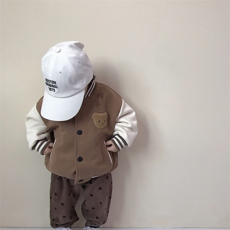 

Jackets 9252 Children Clothes Patchwork Long Sleeve Baseball Autumn Winter Girl s Bear Coat Boy Coffee Dot Pant 221010