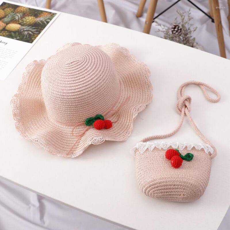 

Hats Summer Children Baby Strawberry UV Protection Straw Cap Bucket Hat Outdoor Sunhat Bag Two-Piece Sets Kids Holiday Beach Girls, Beige