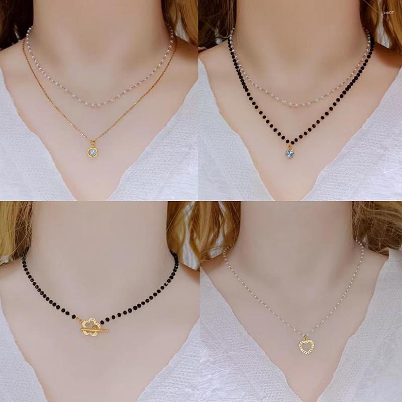 

Pendant Necklaces Stainless Steel Luxury Black Crystal Glass Bead Chain Choker Necklace Cute Double Layer Pearl