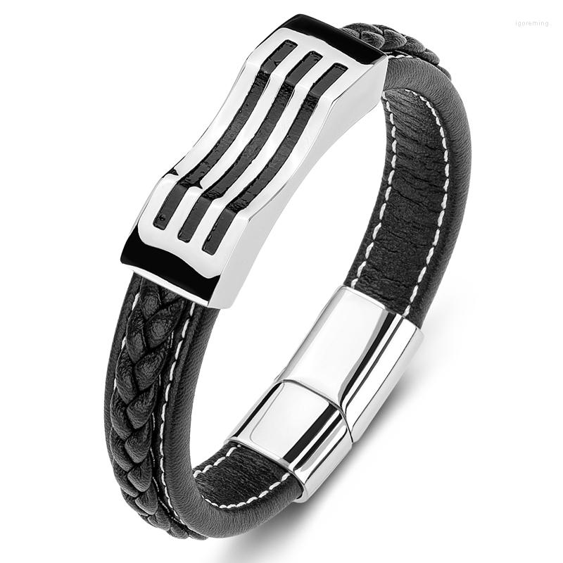 

Charm Bracelets Est Leather Hand Bracelet Men Punk Jewelry Irregular Geometric Stripes Stainless Steel Fashion Bangles Male Wrist Bands P014
