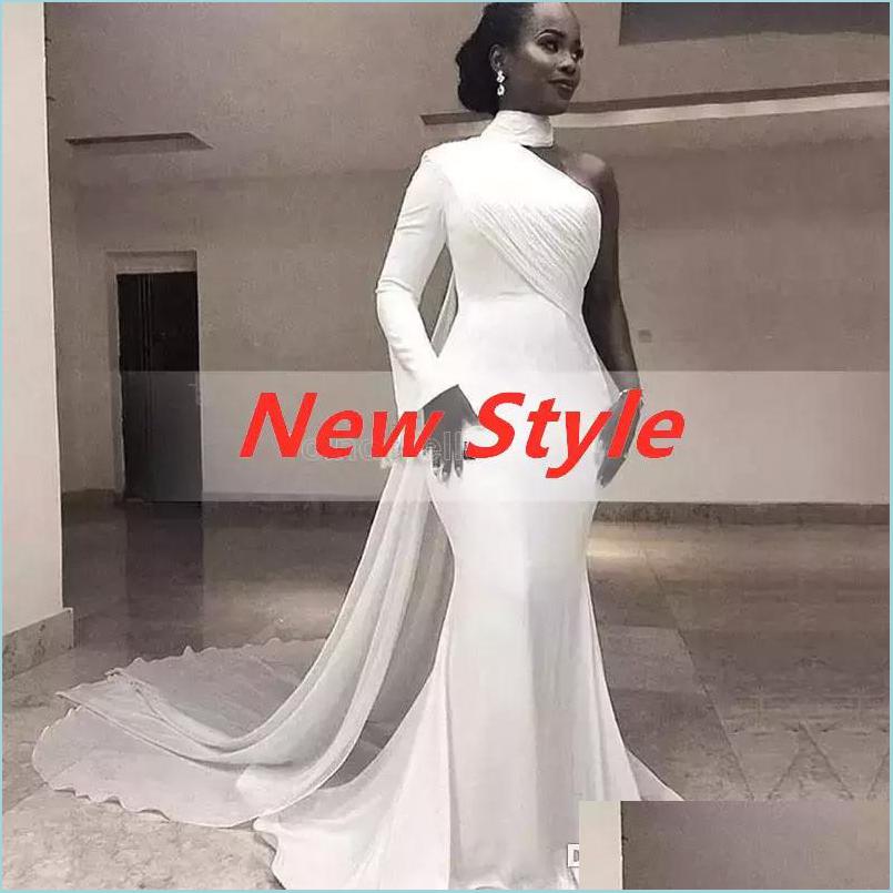 

Evening Dresses 2022 African White High Neck Satin Mermaid Evening Dresses One Shoder Ruched Sweep Train Formal Party Re Bridegroomdh Dhcet, Same as pictures