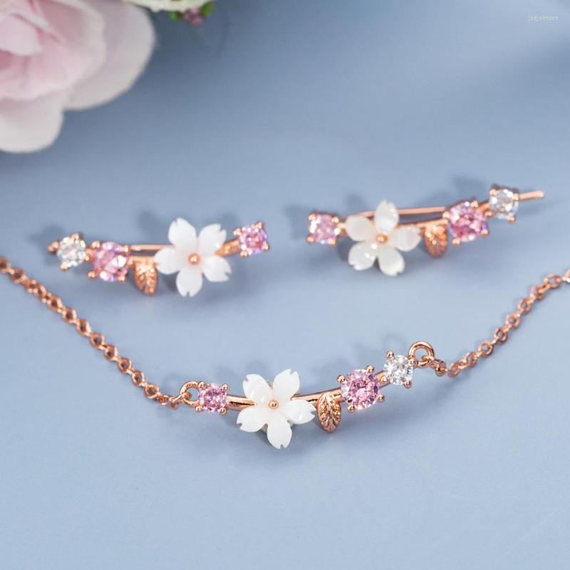 

Necklace Earrings Set Trendy Shell Flower Leaf For Women Pink Zircon Rose Gold Drop Choker Bridal Jewelry, Picture shown