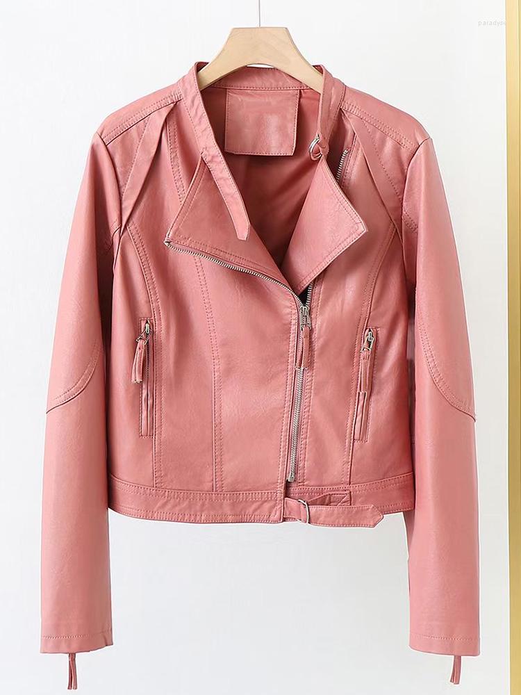 

Women' Leather Aoottii Spring Autumn Women Faux Soft Short Jacket Streetwear Female Colorful Moto Biker Pu Coat Ladies Pink Outwear, Beige