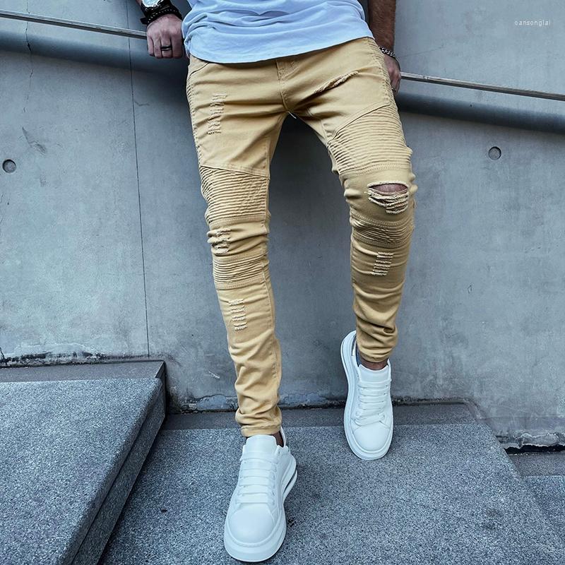 

Men's Jeans Men's Personalized Pleated Slim Pencil Pants Khaki Ripped 2022 Foreign Trade Tide Brand Motorcycle