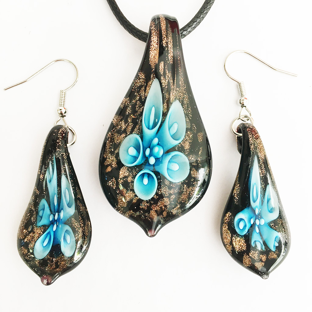 

1 Set Handmade Necklace Earring Murano Glass Blue Flower Water Drop Pendant Ethnic Style Clavicle Chain Jewelry, Orange