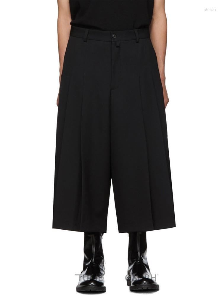 

Men' Pants Spring And Summer Men' Fashion Hairdresser Loose Skirt Casual Nine Point Culottes Wide Pleats Straight Trousers, Black